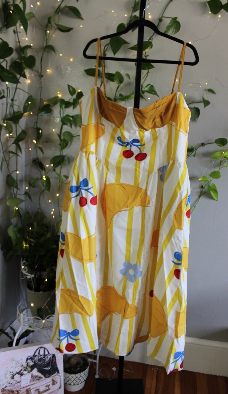 Nice To Meet You Cherry & Croissant Print Midi Dress Tagged 3XL Fits Like XL